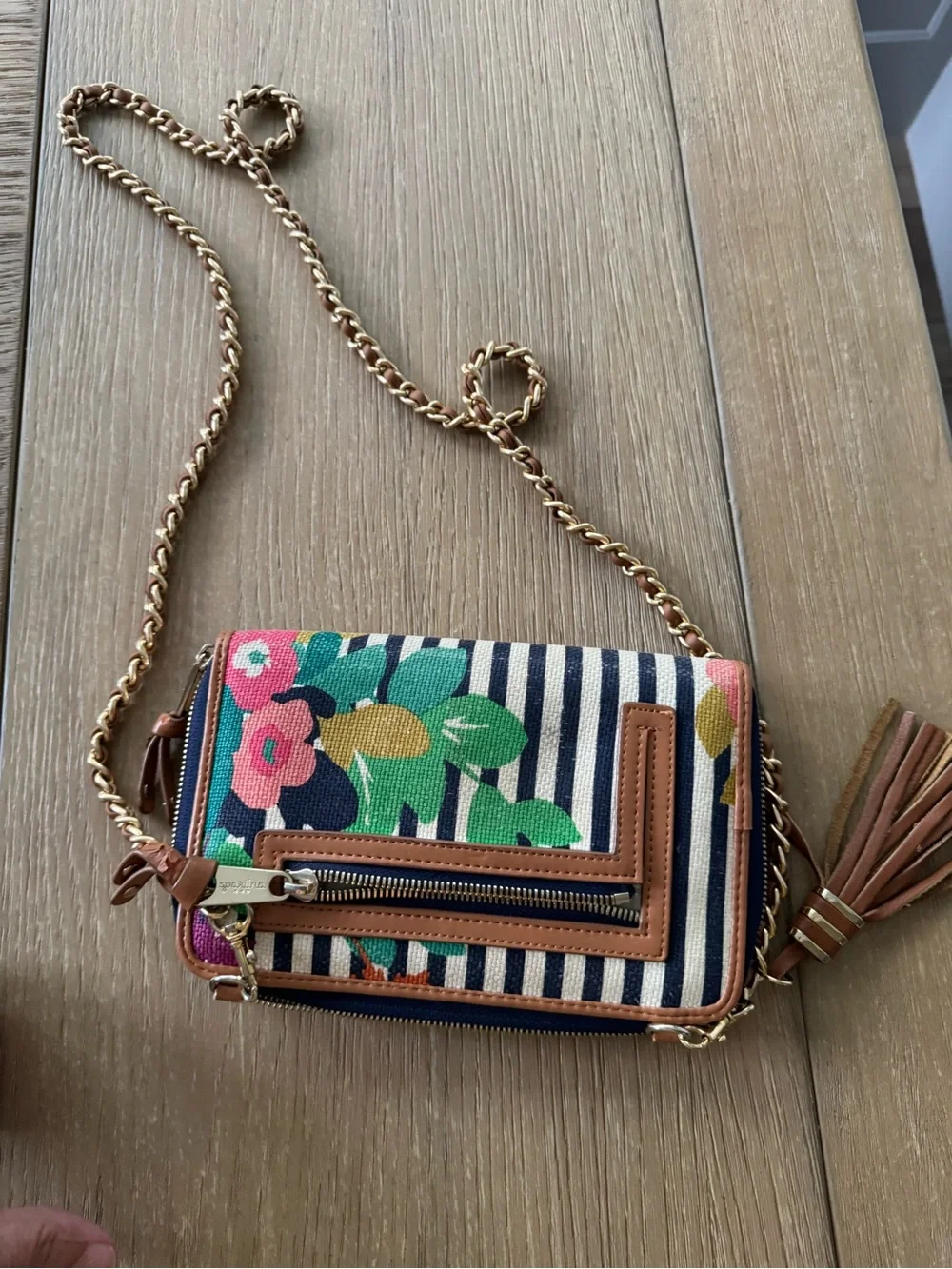 Spartina 449 Tan Leather & Multicolor Floral Stripe Crossbody Wallet